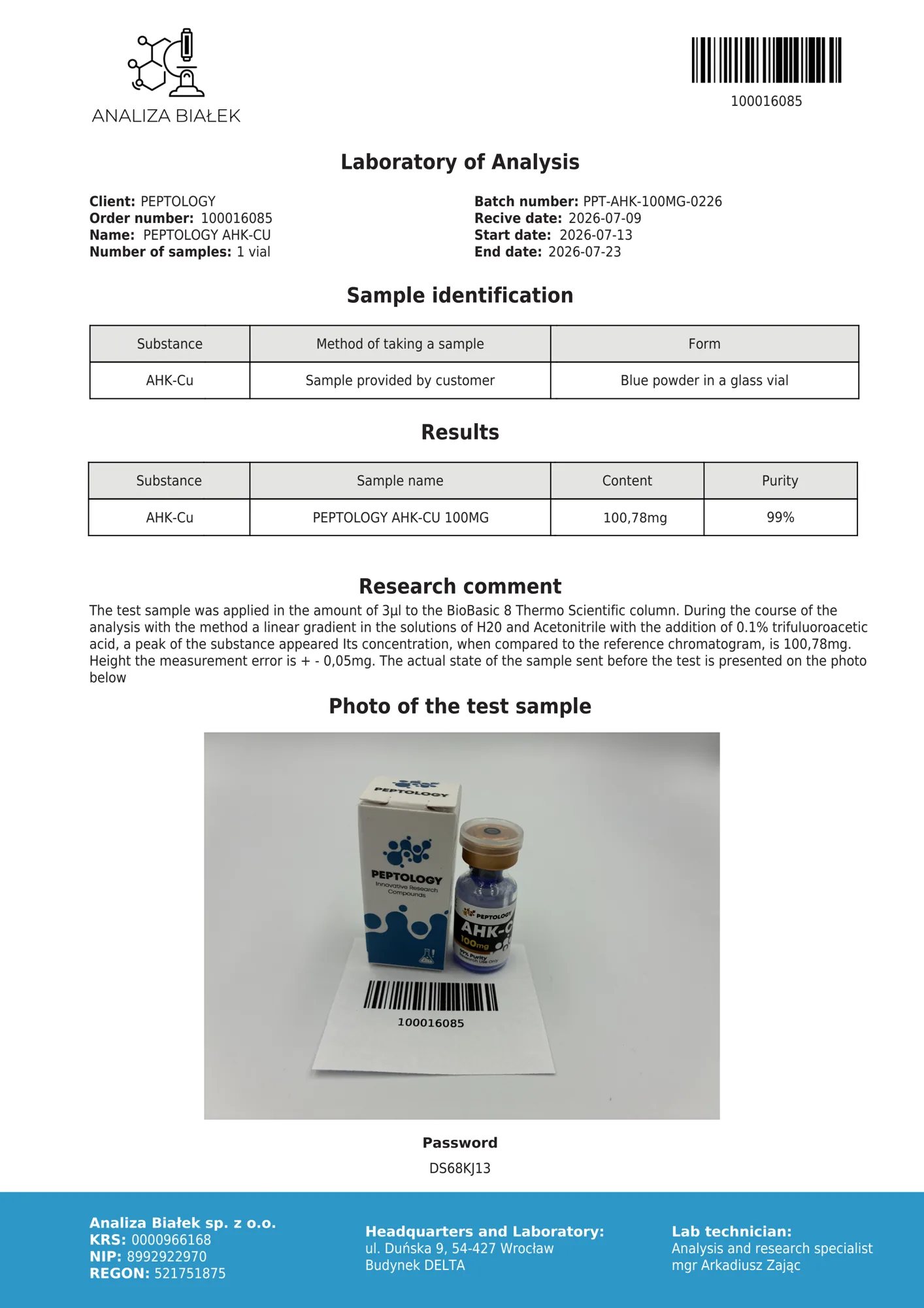 AHK‑Cu 100 mg – HPLC purity certificate, batch 0226