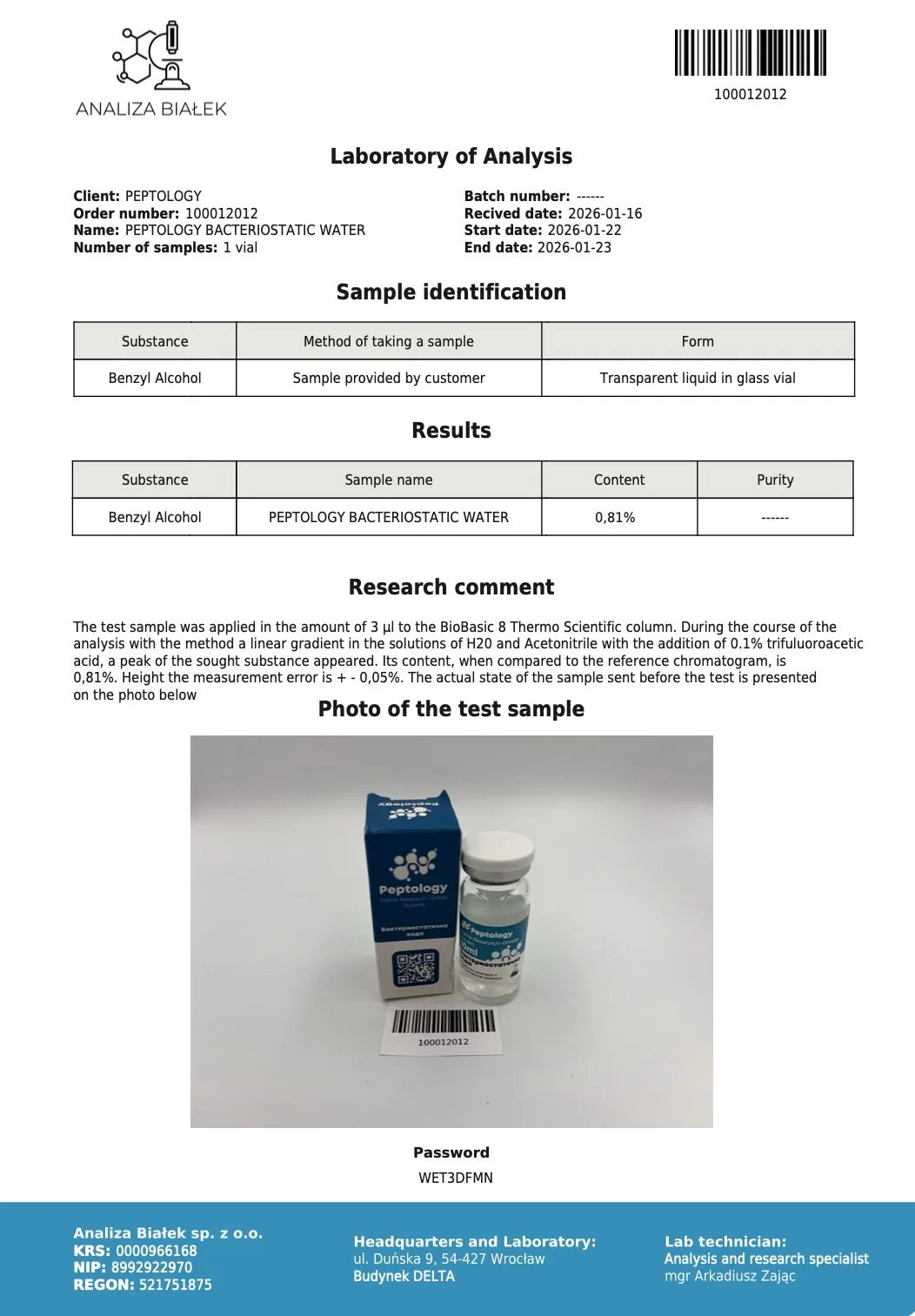 Bakteriostatiskais ūdens – HPLC purity certificate