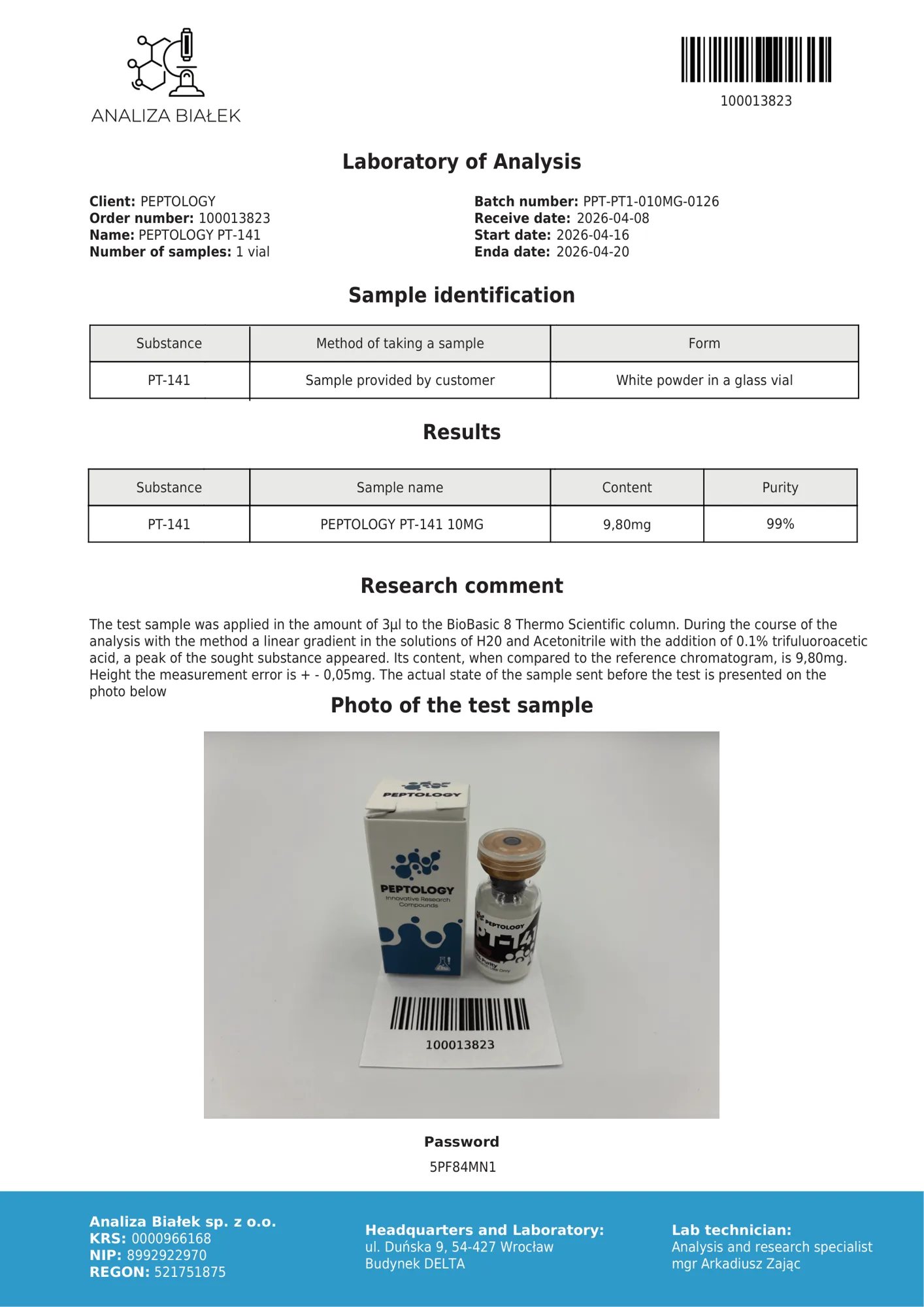 PT-141 10 mg – HPLC purity certificate, batch 0126