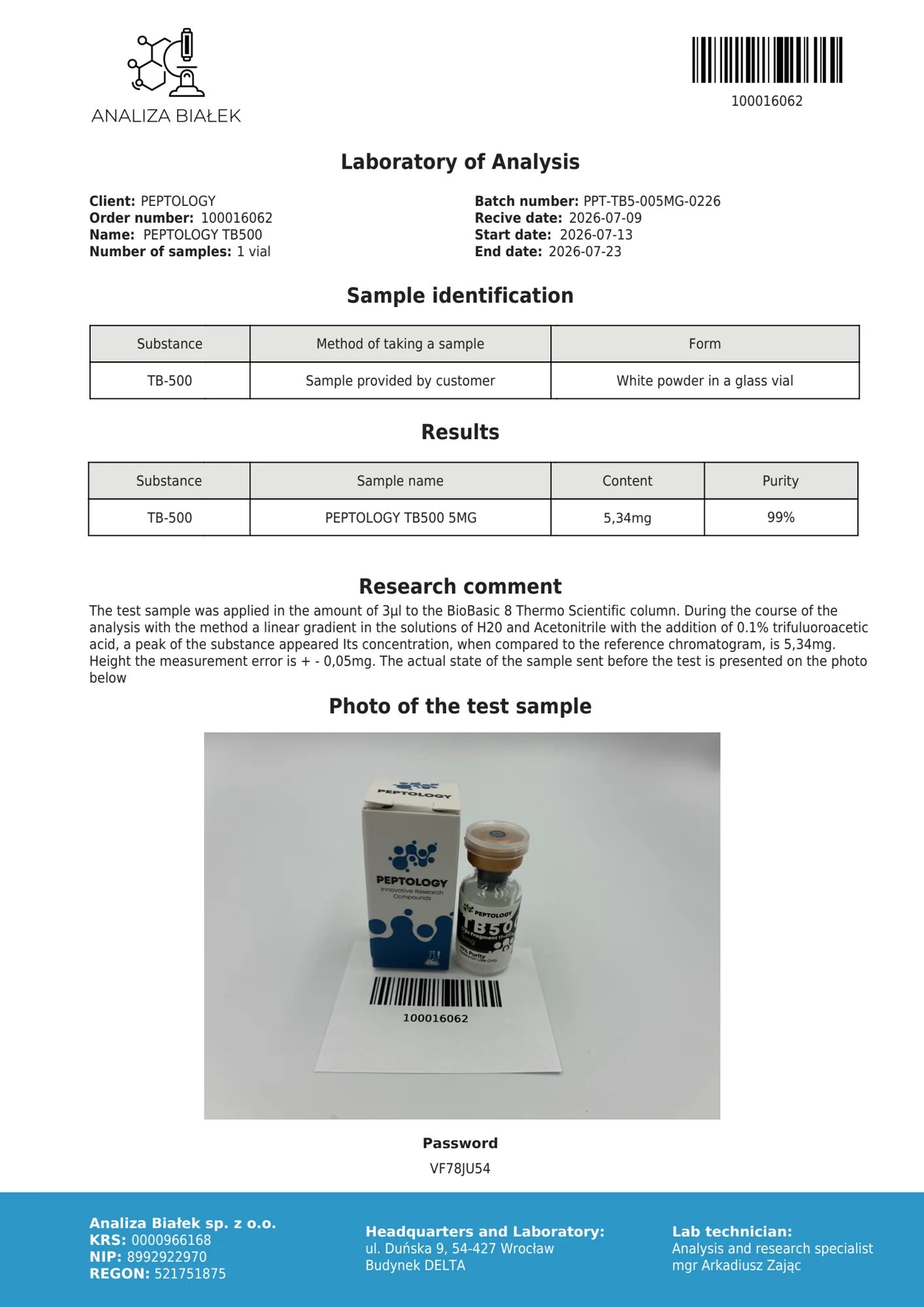 TB500 5 mg – HPLC purity certificate, batch 0226