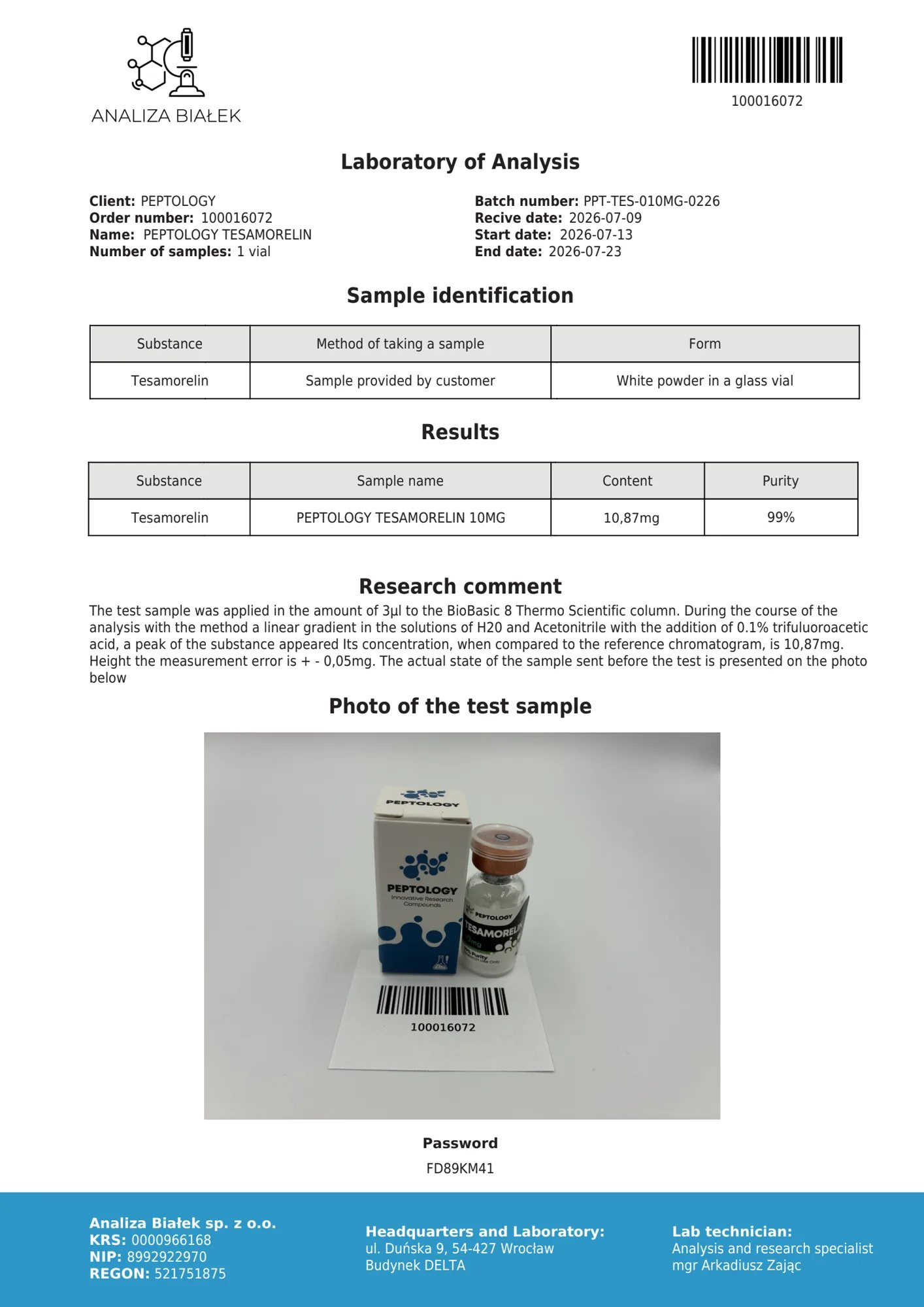 Tesamorelin 10 mg – HPLC purity certificate, batch 0226