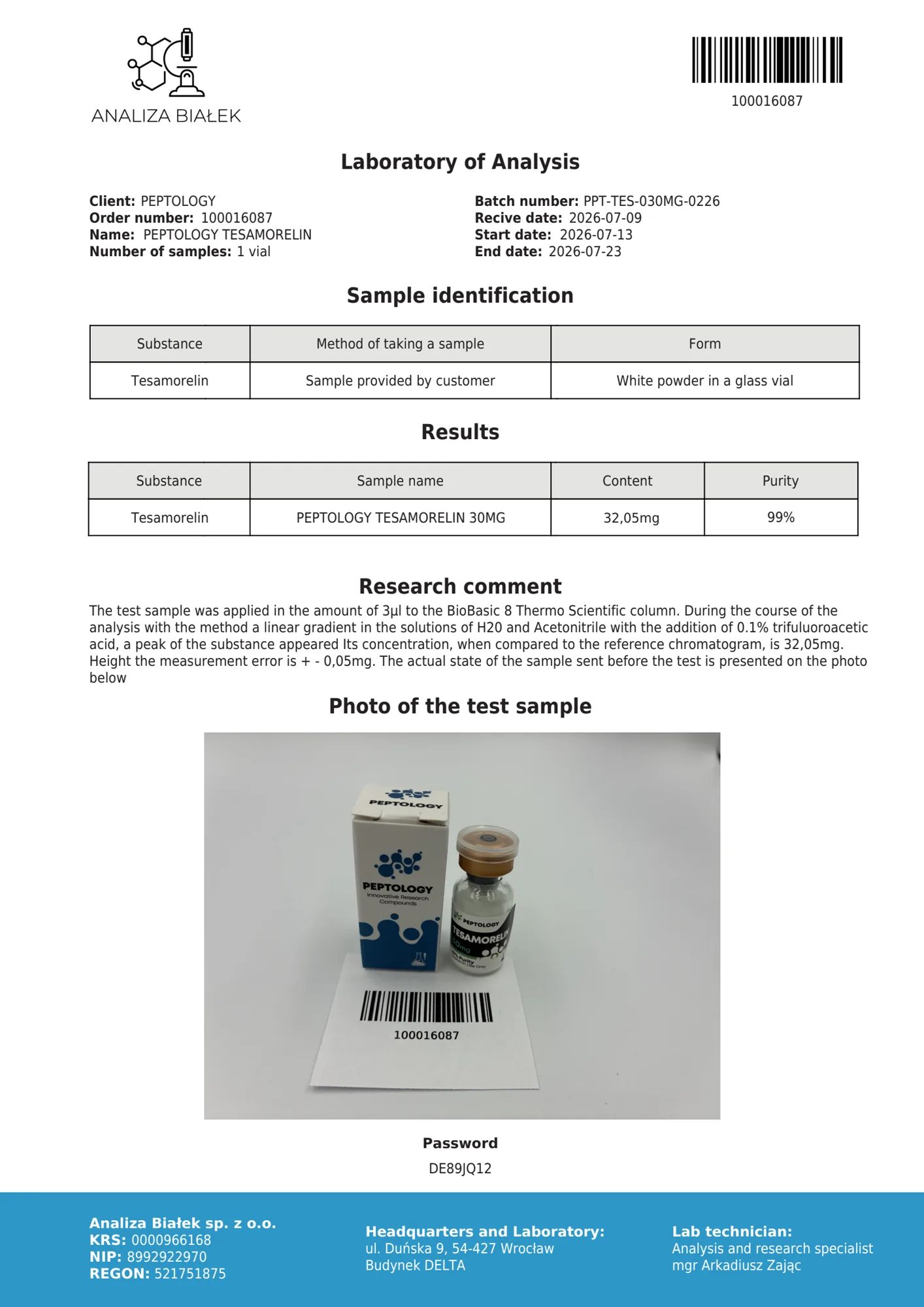 Tesamorelin 30 mg – HPLC purity certificate, batch 0226