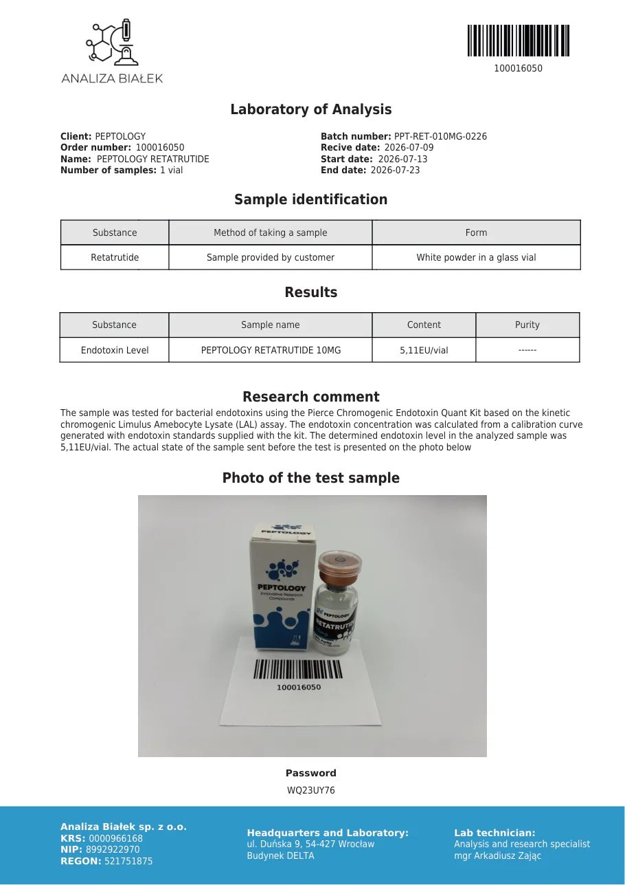 Retatrutide 10 mg – endotoxin test, batch 0226
