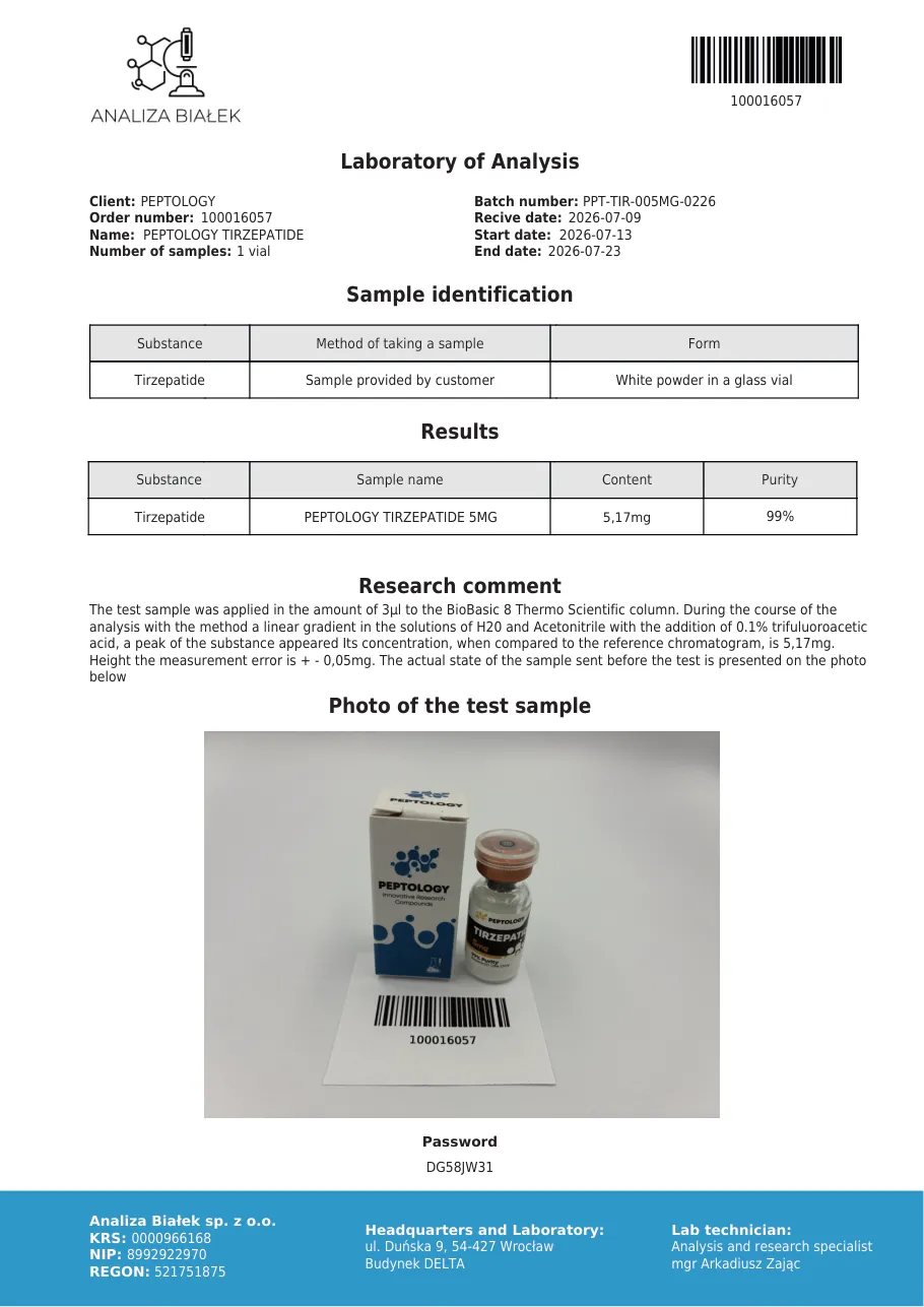 Tirzepatide 5 mg – HPLC purity certificate, batch 0226
