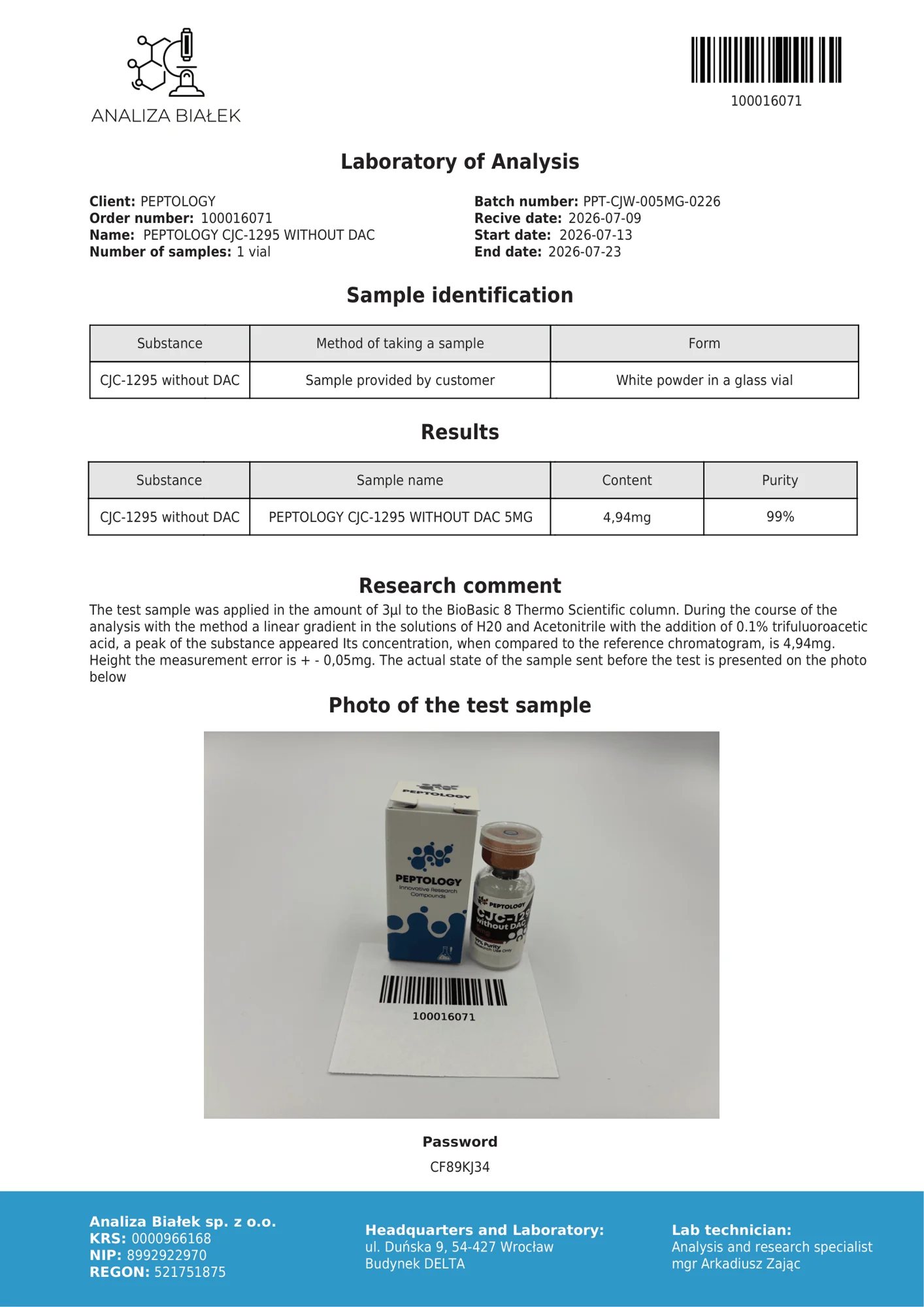 CJC‑1295 bez DAC 5 mg – HPLC purity certificate
