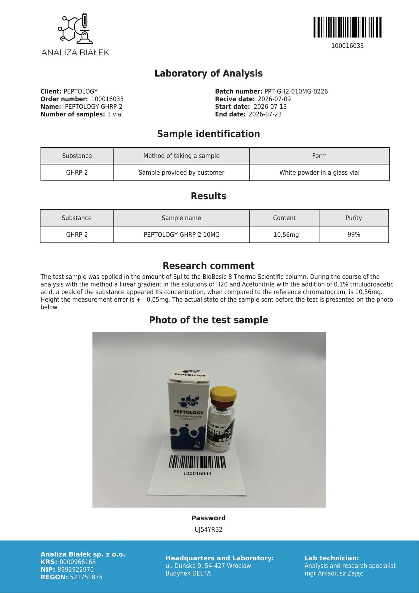 GHRP-2 10 mg – HPLC purity certificate