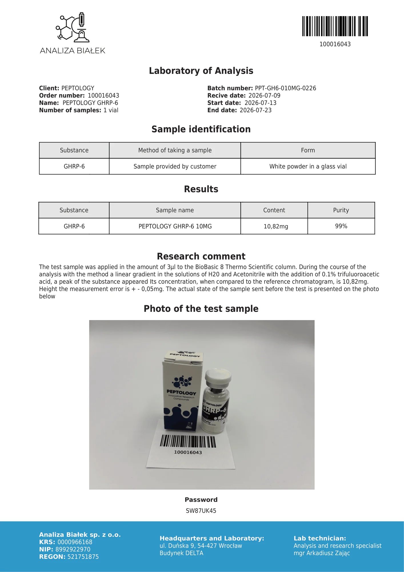 GHRP-6 10 mg – HPLC purity certificate