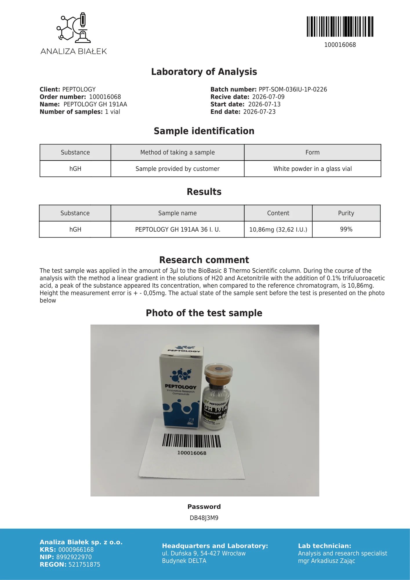 Somatropin 36 IU – HPLC purity certificate