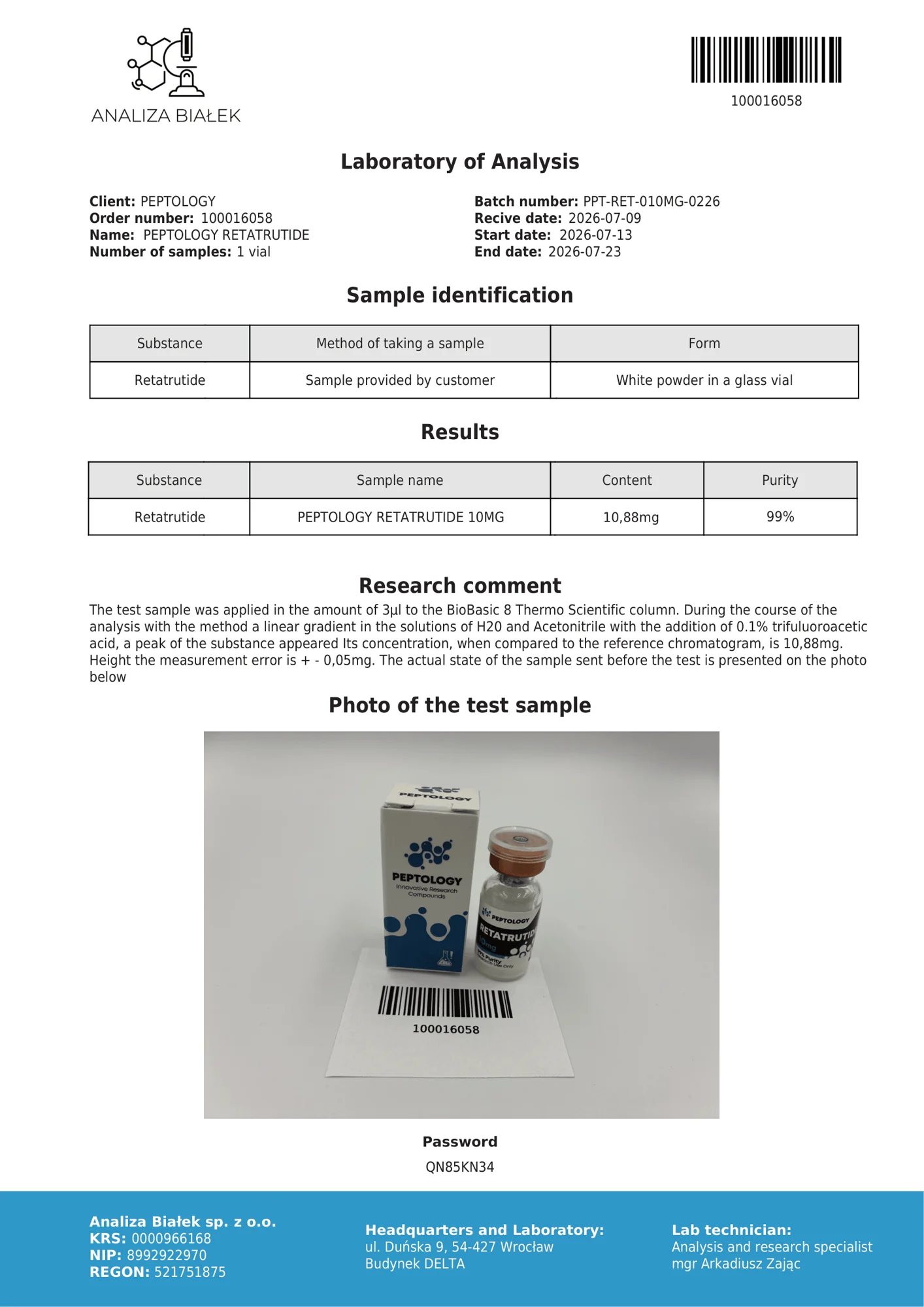 Retatrutide 10 mg – HPLC purity certificate