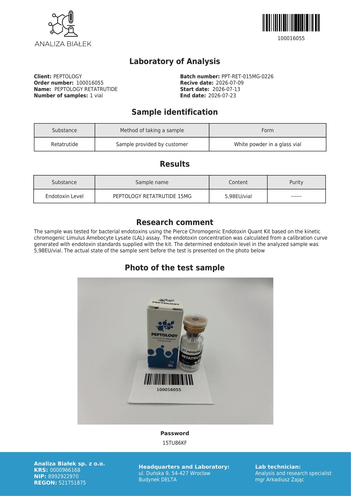 Retatrutide 15 mg – endotoxin test