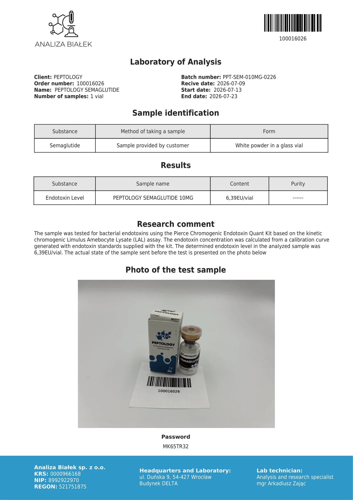 Semaglutide 10 mg – endotoxin test