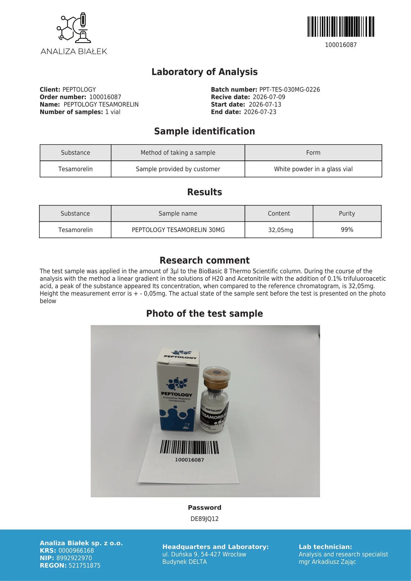 Tesamorelin 30 mg – HPLC purity certificate