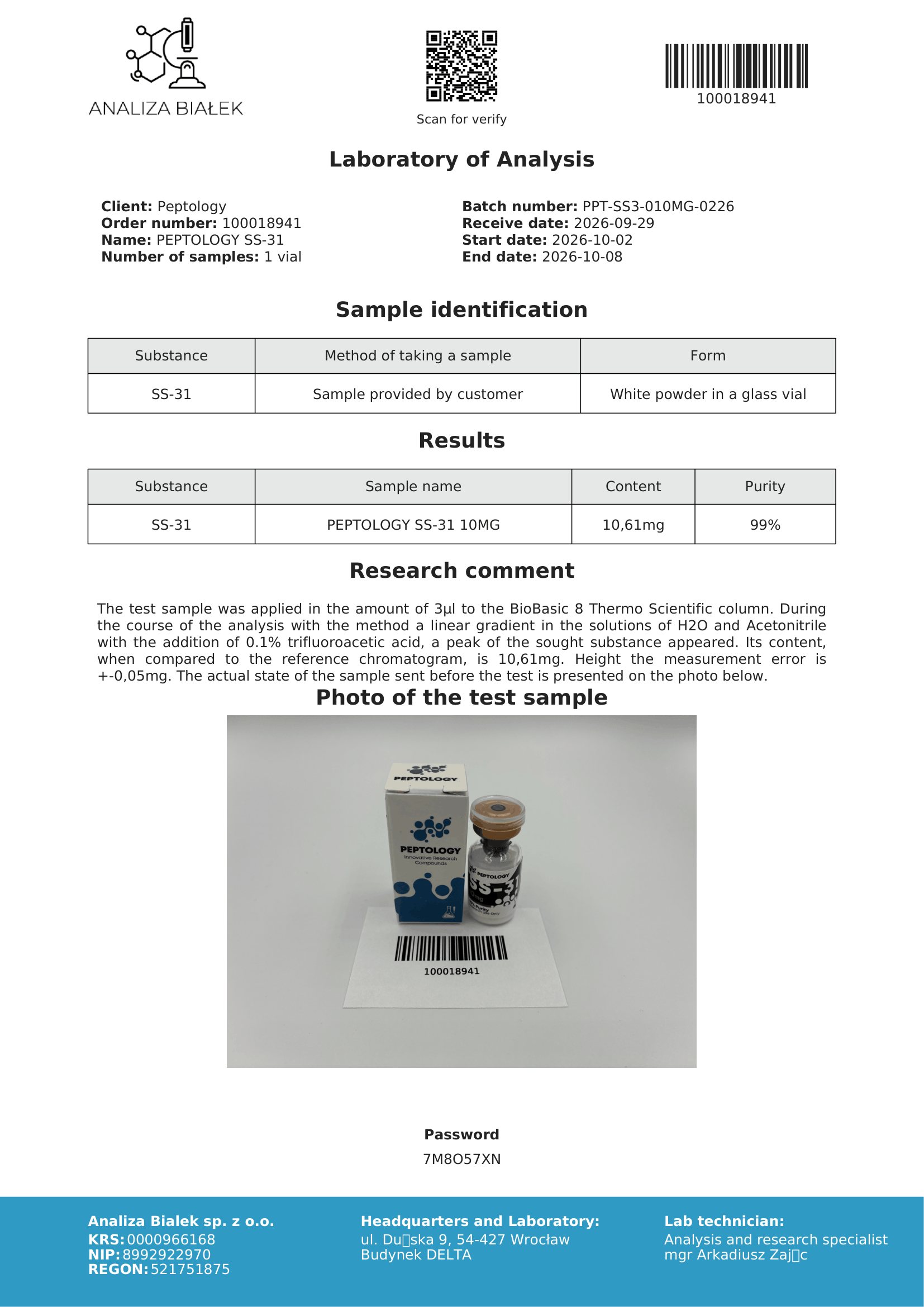 SS-31 10 mg – HPLC purity certificate, batch 0226