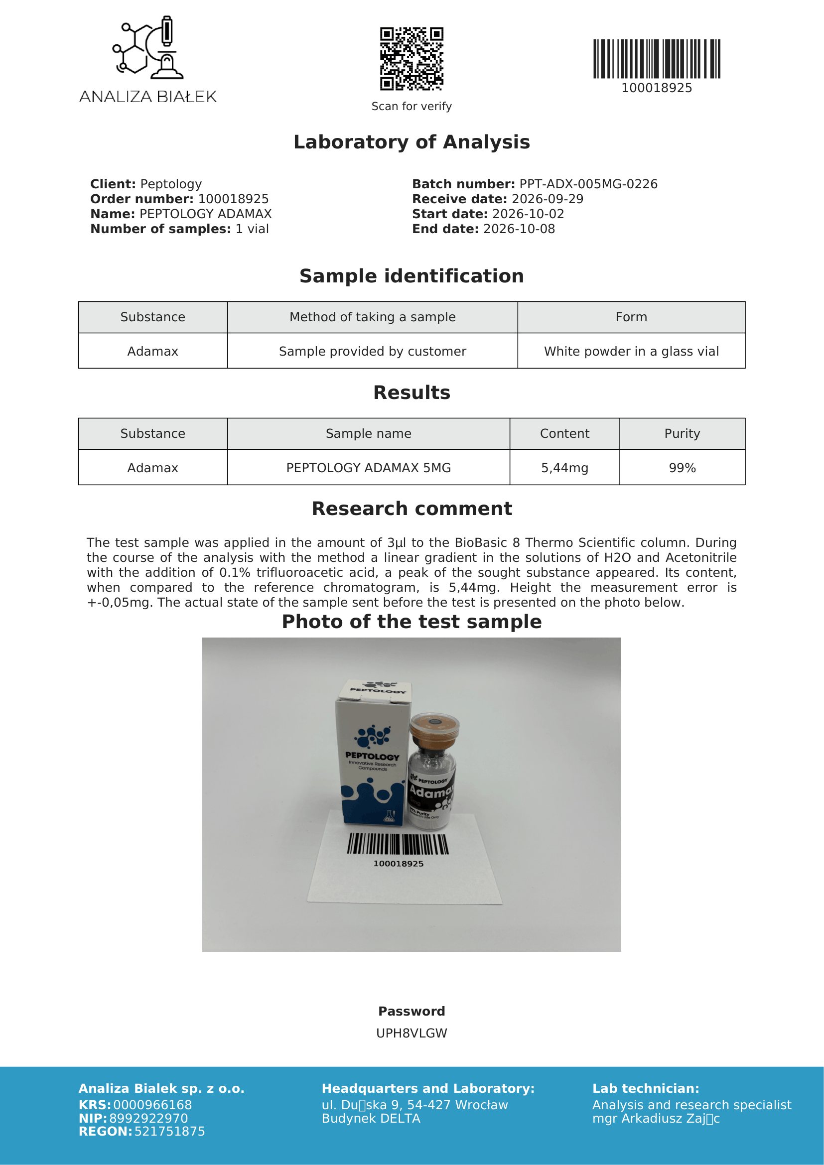 Adamax – HPLC purity certificate, batch 0226