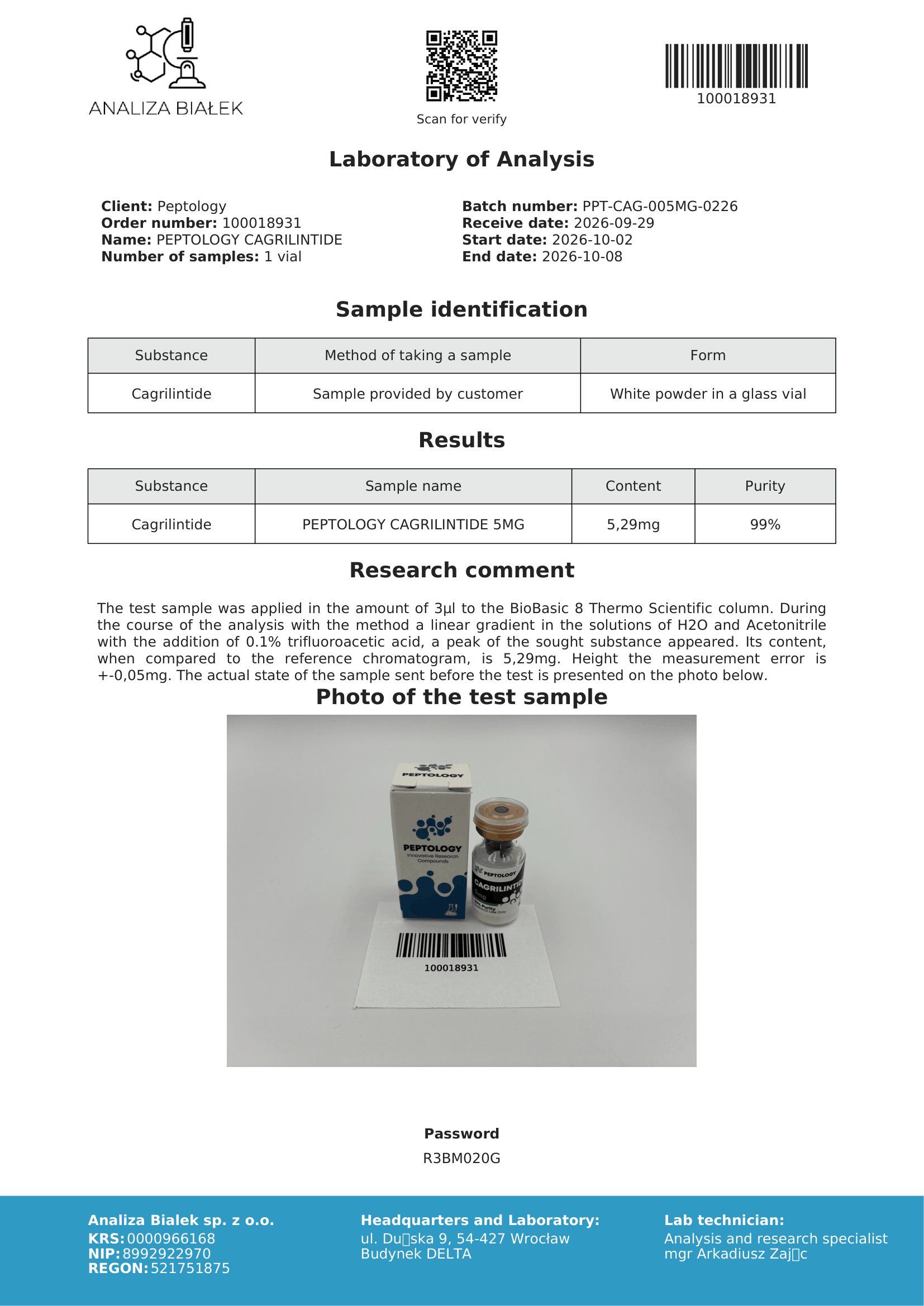 Cagrilintide 5 mg – HPLC purity certificate, batch 0226