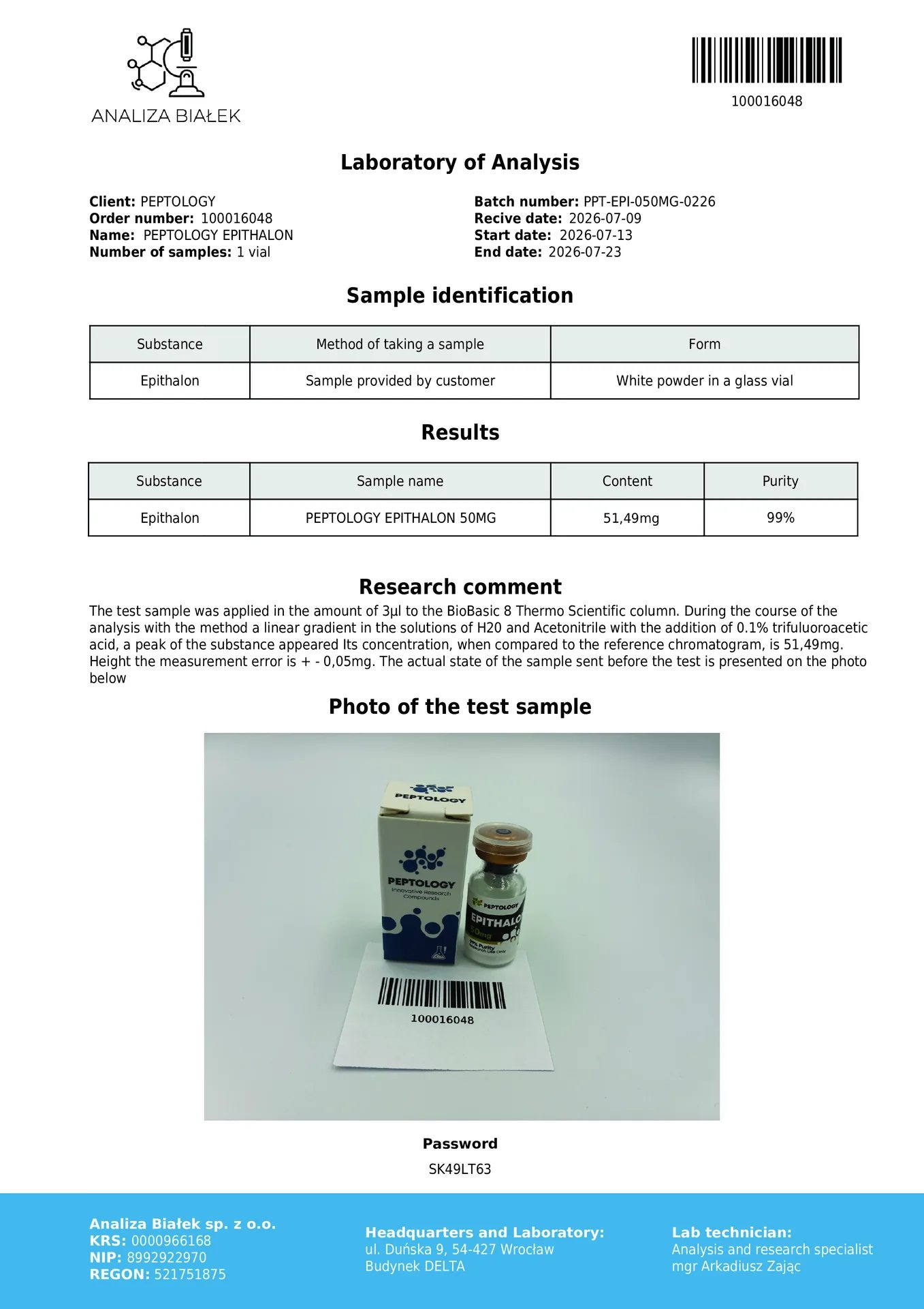 Epithalon 50 mg – sintētisks tetrapeptīds (AEDG) pētniecībai – attēls 2
